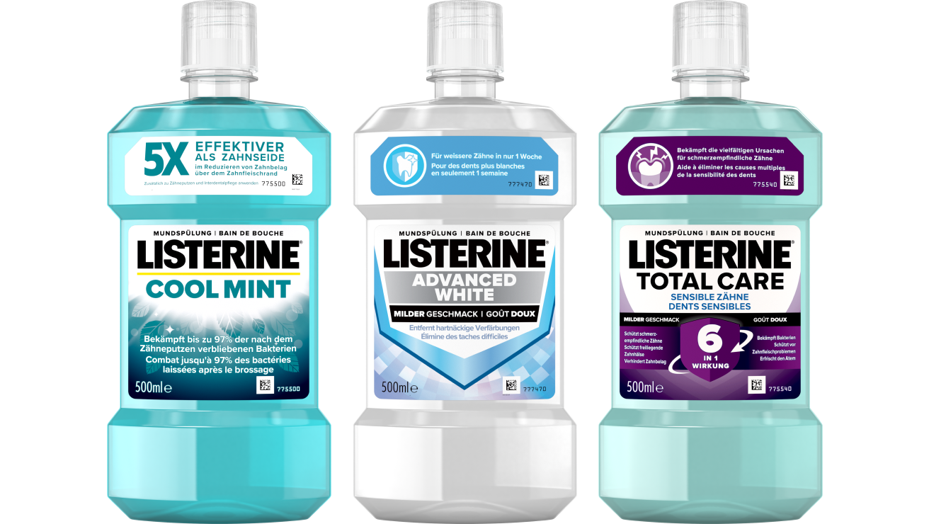 Listerine Cool Mint, Advanced White und Total Care Sensible Zähne